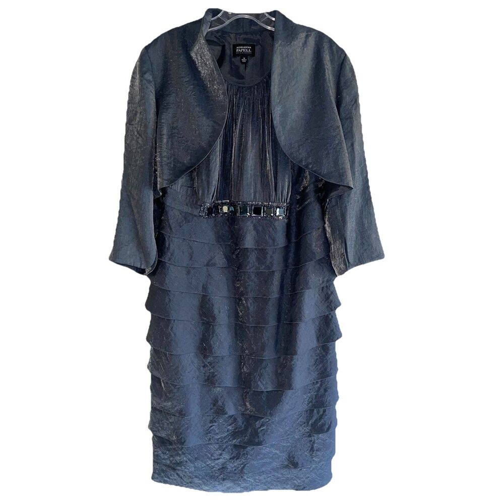 Adrianna Papell Occasions Metallic Gray Halter Dress Plus Size 14 Jacket Ruffles